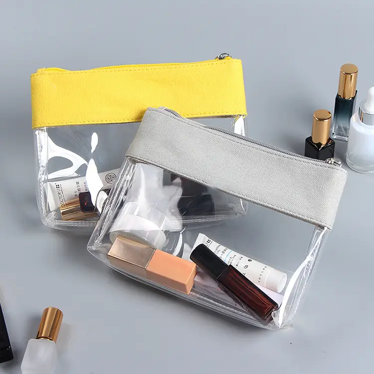 Aesthetic influencer PR kit packaging unboxing setup demonstrating private label fabric border clear cosmetic pouch OEM capabilities